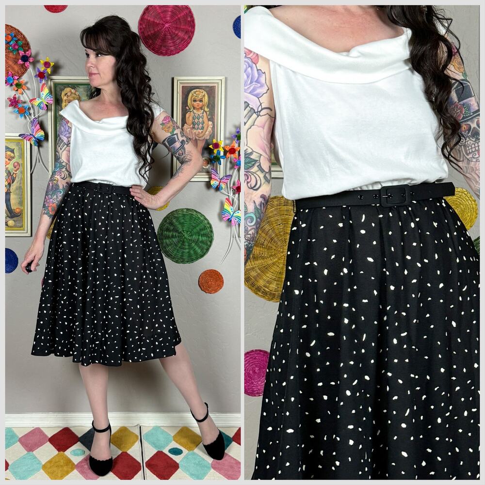 Vintage 1970s Black and White Off The Shoulder Fit and Flare Midi Dress